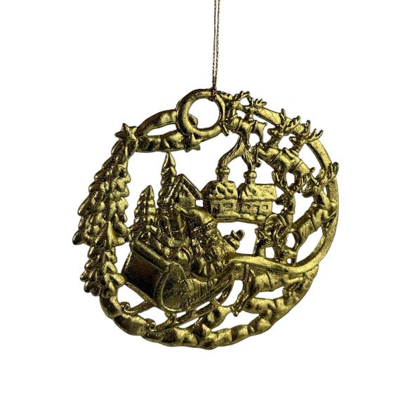 Vintage Gold Tone Santa Sleigh Reindeer Metal Christmas Ornament 4.5” - Picture 2 of 12